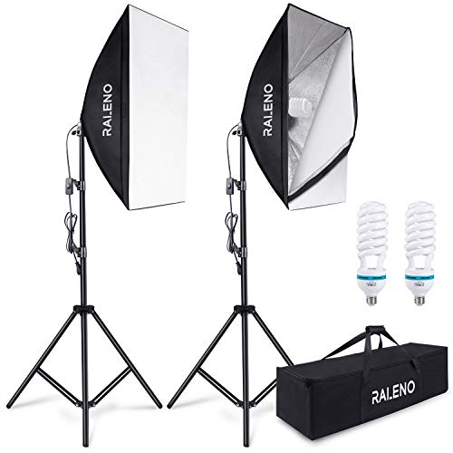 RALENO Softbox Kit, Fotografie Beleuchtungen 50 x 70 cm Fotografie Dauerlicht System, Fotostudio Ausrüstung mit 2 x 5500K Glühbirne Fotomodell Porträt-Aufnahmebox