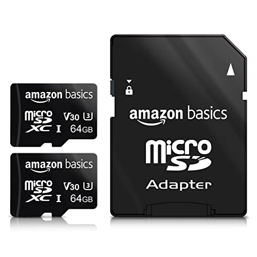 Amazon Basics - microSDXC-Speicherkarte, 64 GB, mit großem Adapter, A2, U3, lesegeschwindigkeit von bis zu 100 Mbit/s, 2 Stück