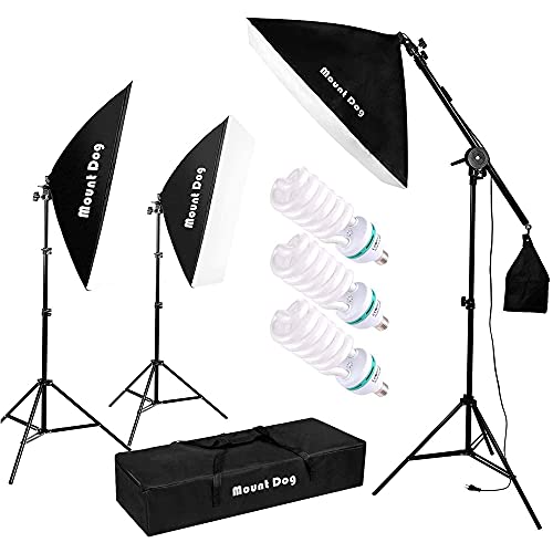 MOUNTDOG Fotografie Studio Softbox-Beleuchtungsset Dauerlicht Studioleuchte Set mit 3 STK. E27 95W-Birnen Armhalter Foto Video Softbox-Beleuchtungsset für...