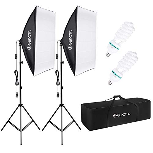 GEEKOTO Softbox Set Fotostudio 50 x 70cm, Dauerlicht Studioleuchte Set mit 2 Softboxlampen E27 85W 5500K, 2m Vollverstellbare Lichtstative für Studio-Porträts,...