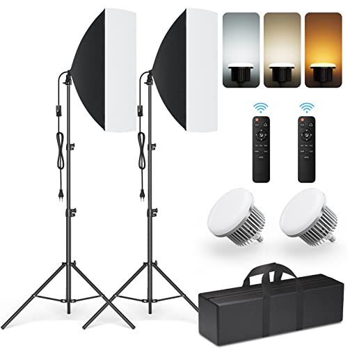 DioKiw LED Softbox Set, 50X70cm Fotostudio Stufenloses Dimmen, 2700-6500K Softboxen Continuous Lighting Kit, LED Fotolampe mit 2*150W E27 Glühbirne, 2*Fernsteuerung, 2m...
