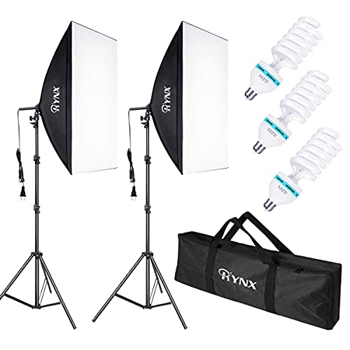 RYNX Softbox Set Fotostudio Professionelle Studiofotografie-Endlosausrüstung mit 135W 5500K E27-Sockellichtern und 2 Reflektoren 20 x 28 Zoll für Studio-Porträts,...