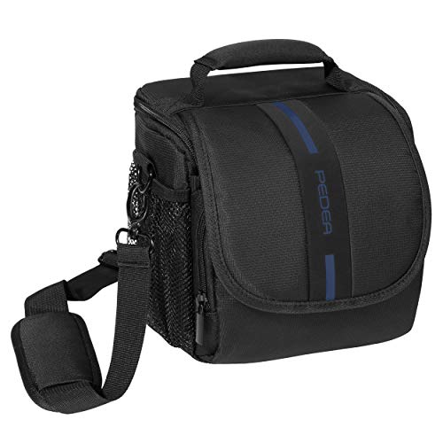 PEDEA DSLR-Kameratasche Essex Fototasche für Spiegelreflexkameras mit wasserdichtem Regenschutz, Tragegurt und Zubehörfächern, Gr. M schwarz/blau