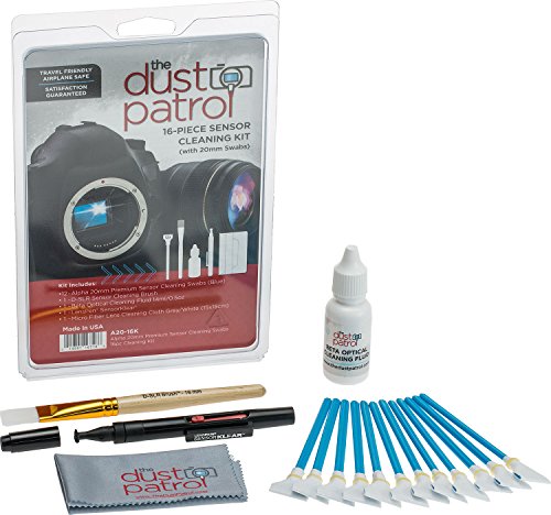 The Dust Patrol Alpha 20mm Premium Sensorreinigungs-Swabs 16-teiliges Kit (Blau) mit Beta optischer Reinigungsflüssigkeit 14ml. Für Kameras mit 20mm Sensoren - für System-...